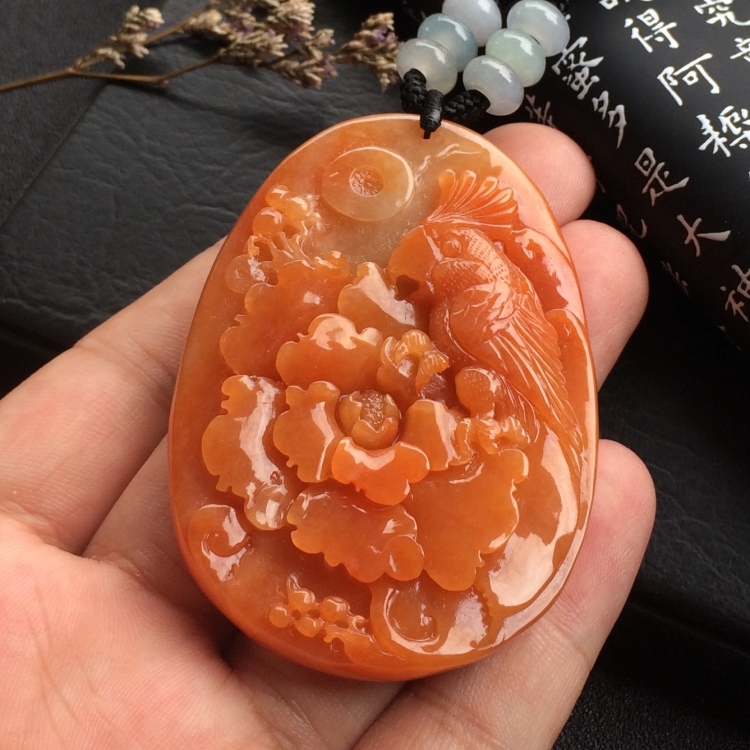 （超值推荐）糯冰种红黄翡花开富贵挂件