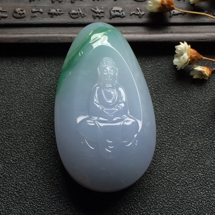 （超值推荐）（玉雕名家高松峰作品）糯冰种紫罗兰飘花观音挂件