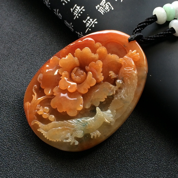 （超值推荐）糯冰种红黄翡飘花富贵花开挂件