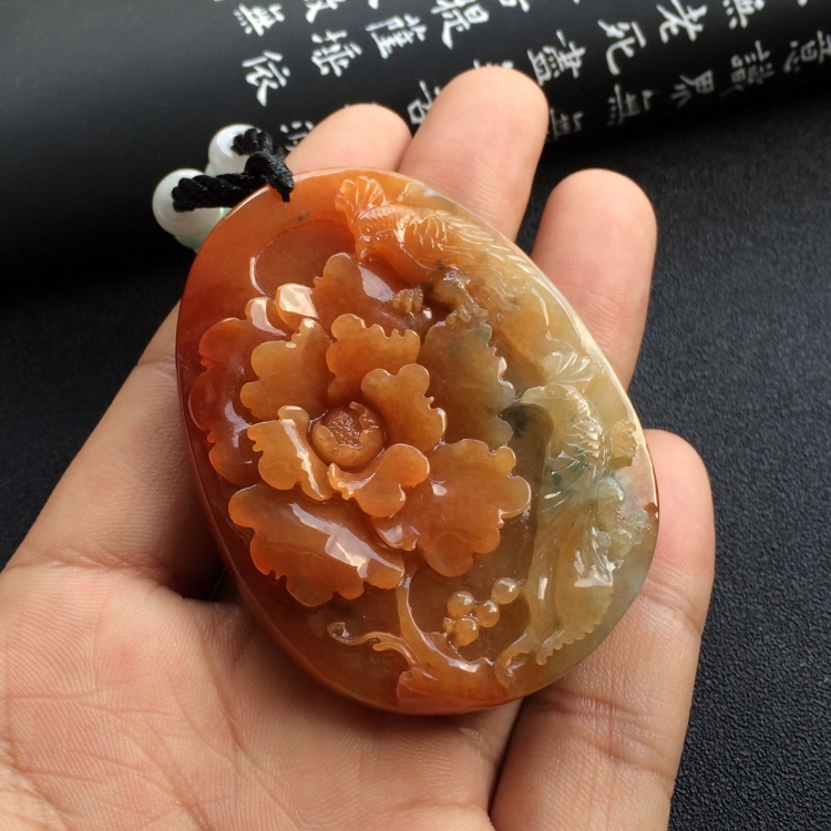 （超值推荐）糯冰种红黄翡飘花富贵花开挂件
