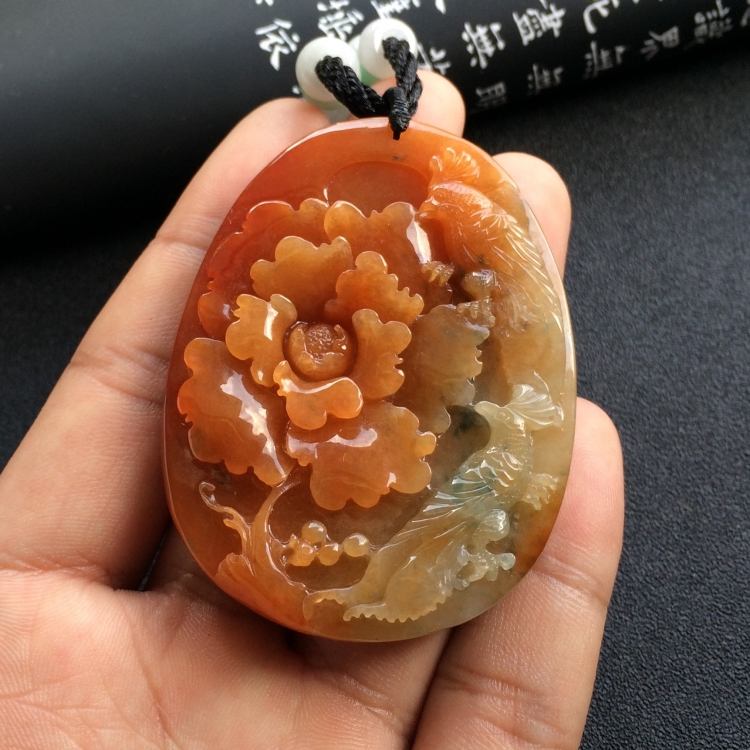 （超值推荐）糯冰种红黄翡飘花富贵花开挂件