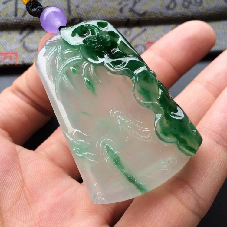 (超值推荐)冰种深绿荷塘清趣挂件