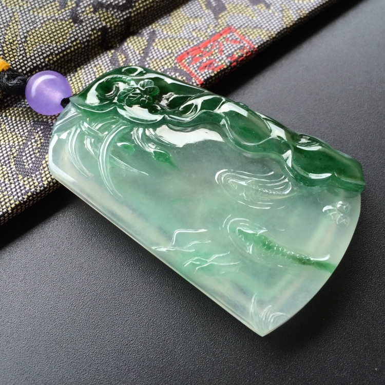 (超值推荐)冰种深绿荷塘清趣挂件
