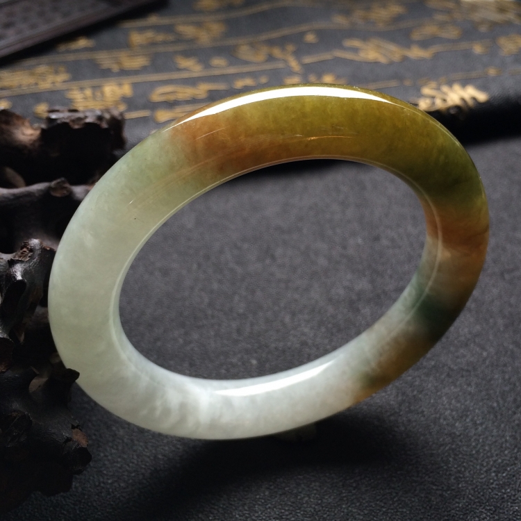 （超值推荐）糯冰种褐黄翡飘花圆条手镯（54.6mm）