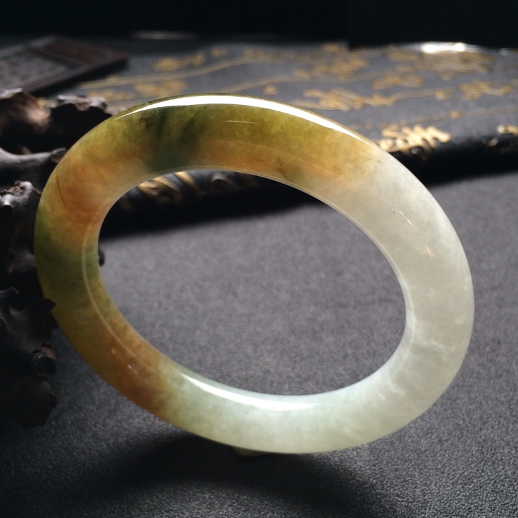 （超值推荐）糯冰种褐黄翡飘花圆条手镯（54.6mm）