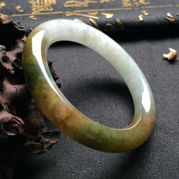 （超值推荐）糯冰种褐黄翡飘花圆条手镯（54.6mm）