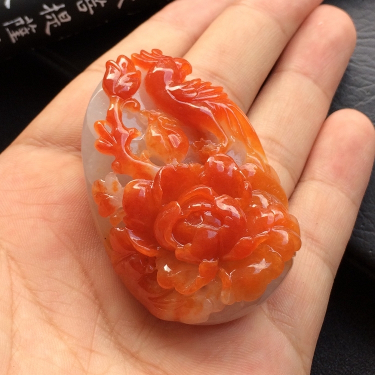 （超值推荐）糯冰种红黄翡花开富贵挂件