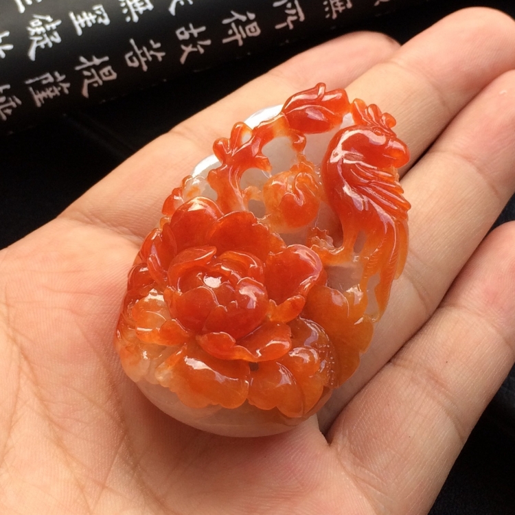 （超值推荐）糯冰种红黄翡花开富贵挂件