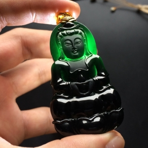 （超值推荐）冰玻种墨翠镶彩金钻石观音胸坠