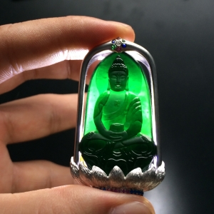 （超值推荐）冰种墨翠镶18k白金释迦牟尼胸坠