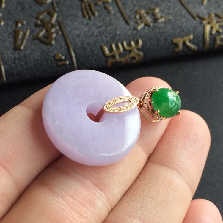 (超值推荐)糯冰种紫罗兰/翠色镶镶玫瑰金钻石平安扣胸坠