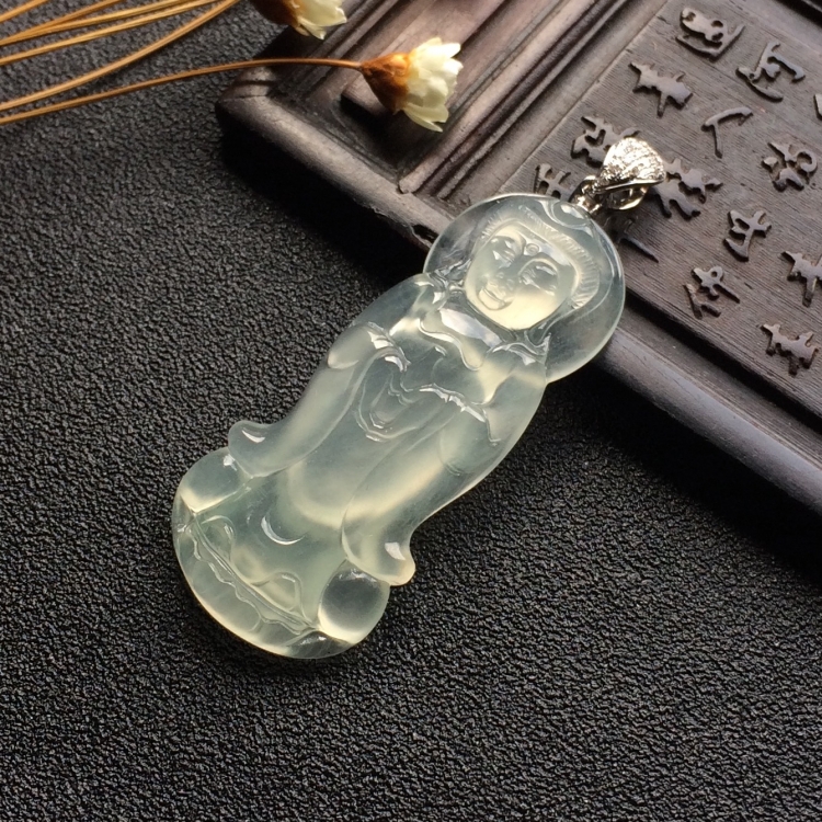 （超值推荐）冰种淡晴水站观音挂件（金扣）