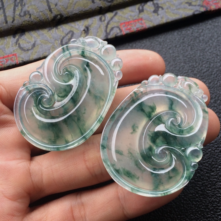 (超值推荐)冰种飘花如意挂件一对走