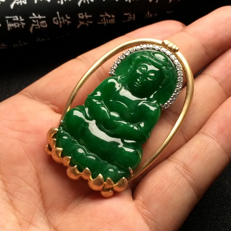 （超值推荐）镶彩金/白金钻石糯冰种浓绿观音胸坠