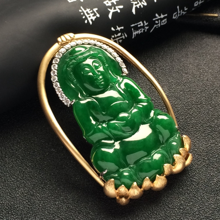 （超值推荐）镶彩金/白金钻石糯冰种浓绿观音胸坠