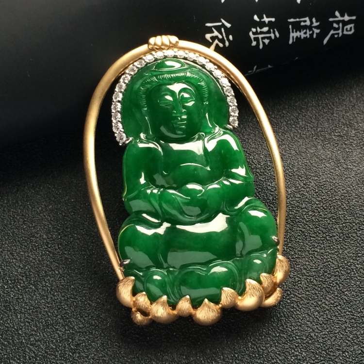 （超值推荐）镶彩金/白金钻石糯冰种浓绿观音胸坠