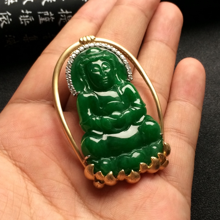 （超值推荐）镶彩金/白金钻石糯冰种浓绿观音胸坠
