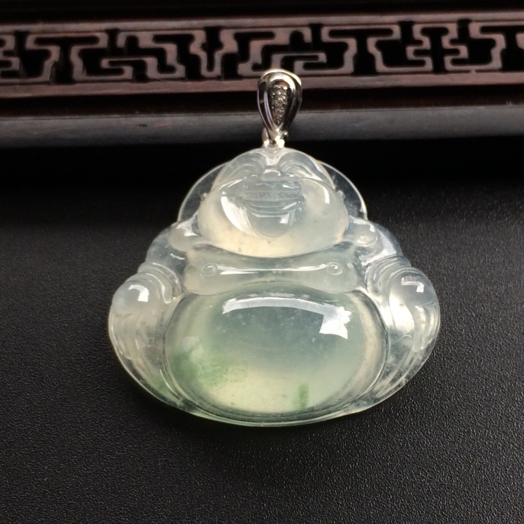 （超值推荐）冰种略飘花玉佛挂件（金扣）