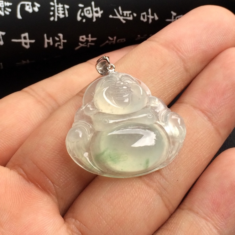 （超值推荐）冰种略飘花玉佛挂件（金扣）