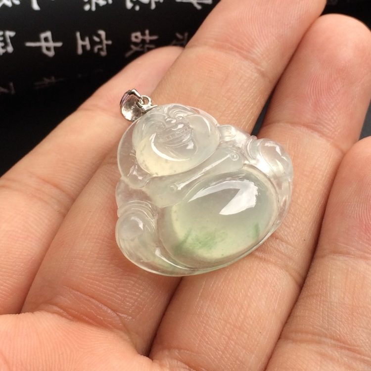 （超值推荐）冰种略飘花玉佛挂件（金扣）