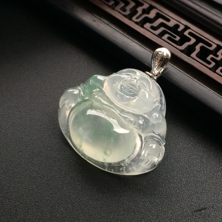 （超值推荐）冰种飘花玉佛挂件（金扣）