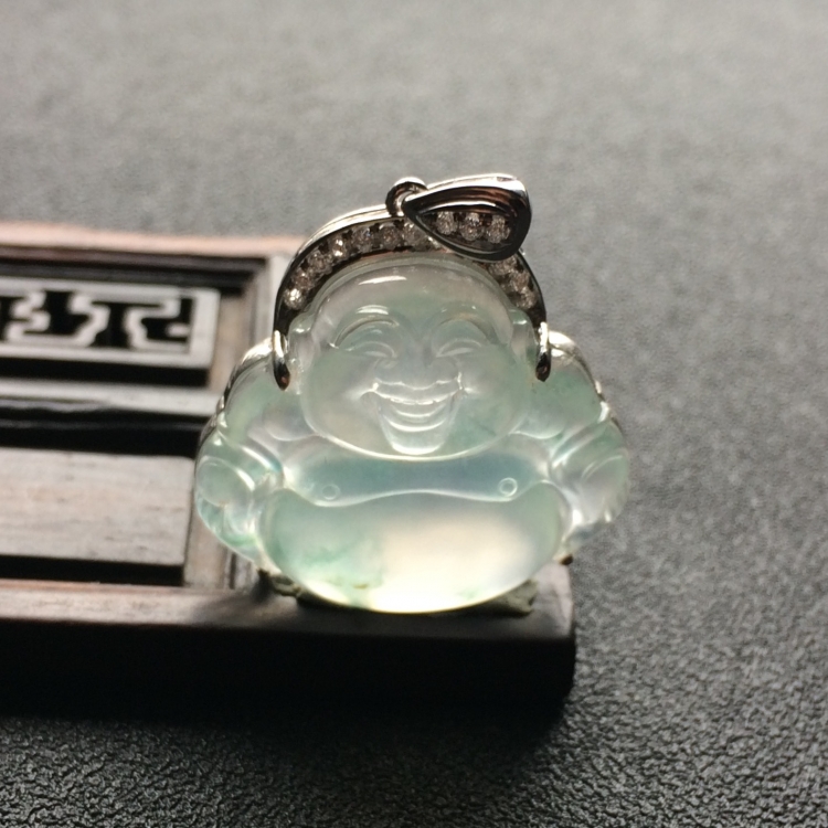 （超值推荐）冰玻种飘花镶白金钻石玉佛胸坠