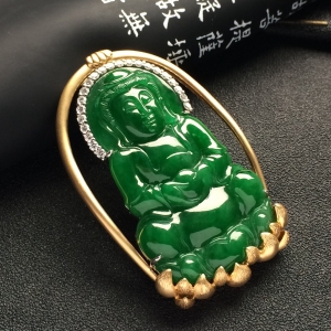 （超值推荐）镶彩金/白金钻石糯冰种浓绿观音胸坠