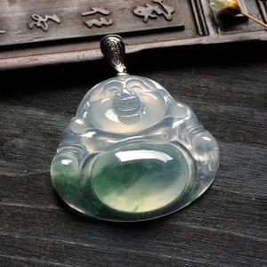 （超值推荐）冰种飘花玉佛挂件（金扣）
