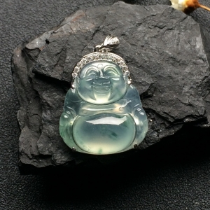 （超值推荐）冰玻种飘花镶白金钻石玉佛胸坠