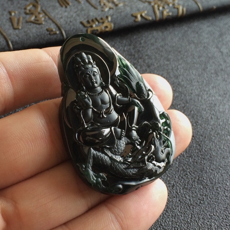 (超值推荐)冰玻种墨翠降龙观音挂件
