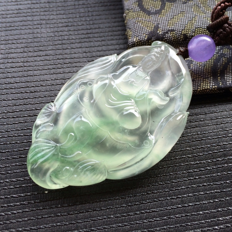 (超值推荐)冰玻种飘绿花观自在挂件