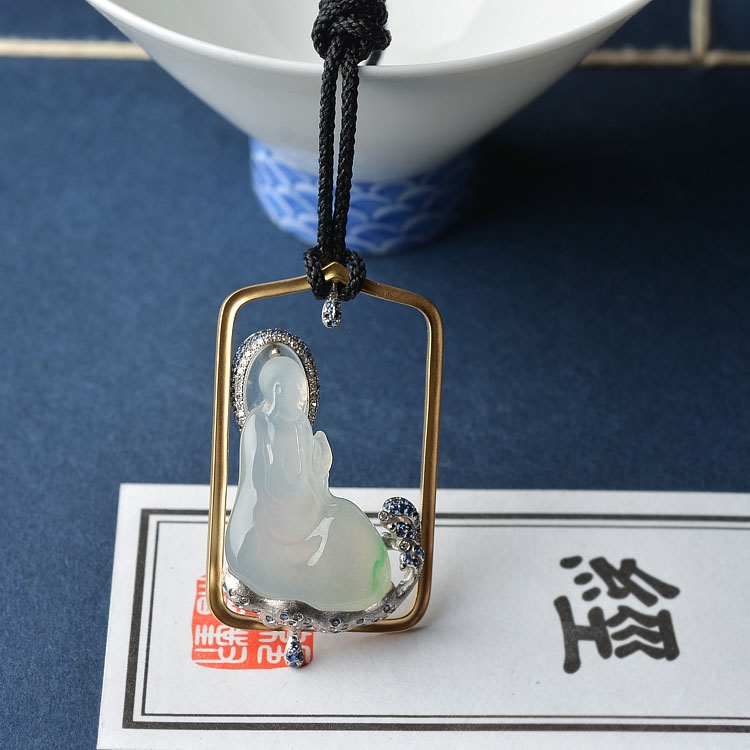 （超值推荐）冰种晴水略飘花镶彩金钻石悟道胸坠