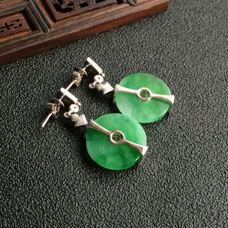(超值推荐)糯冰种飘翠镶白金平安扣耳坠