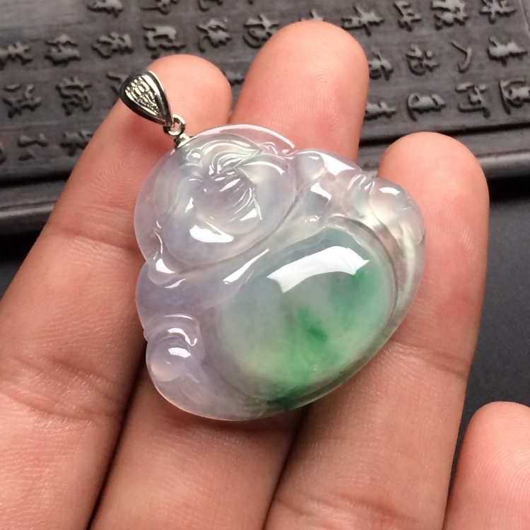 （超值推荐）冰种飘翠玉佛挂件（金扣）
