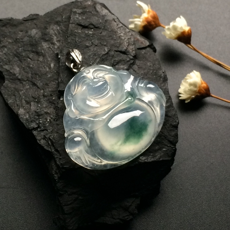 （超值推荐）冰种飘花玉佛挂件（金扣）