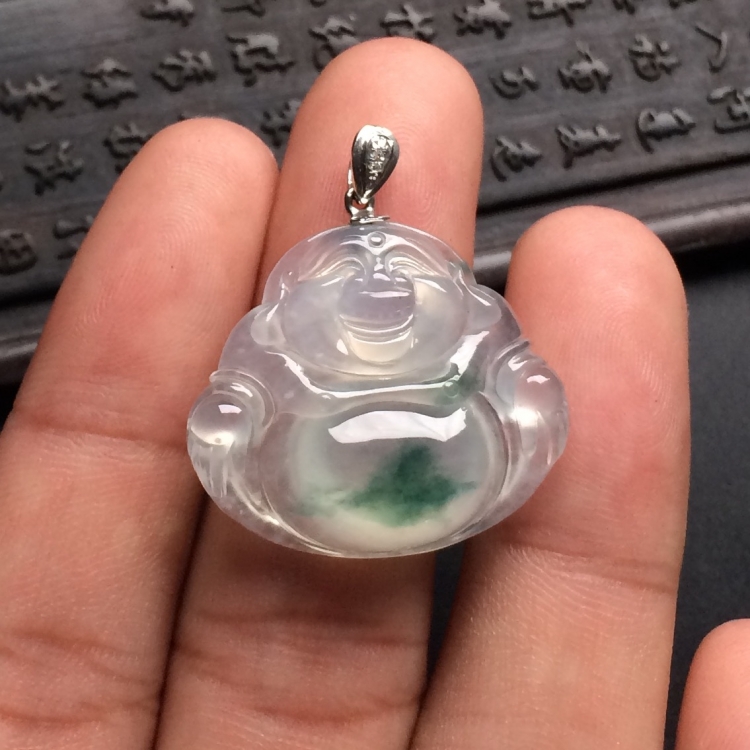 （超值推荐）冰种飘花玉佛挂件（金扣）