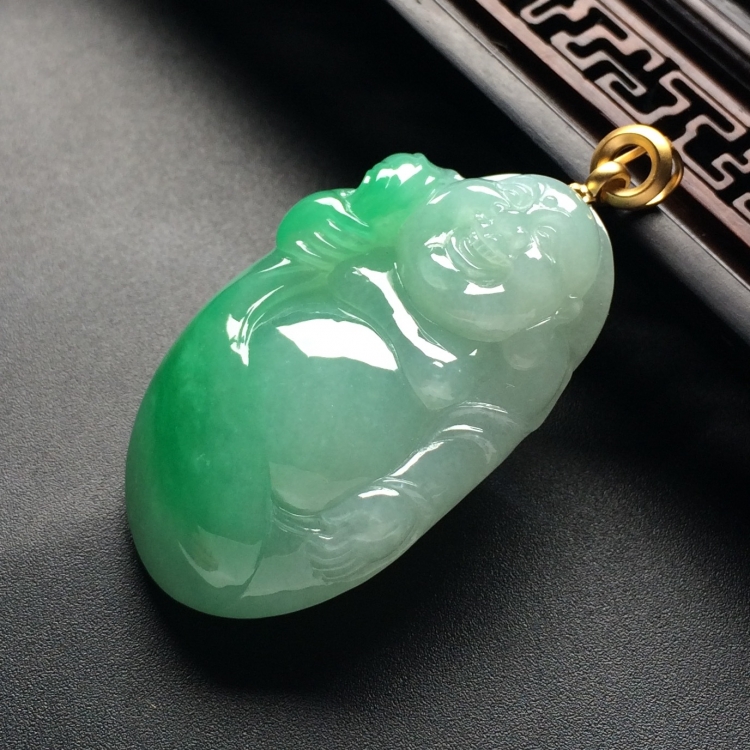 （超值推荐）糯冰种飘翠布袋佛挂件（金扣）