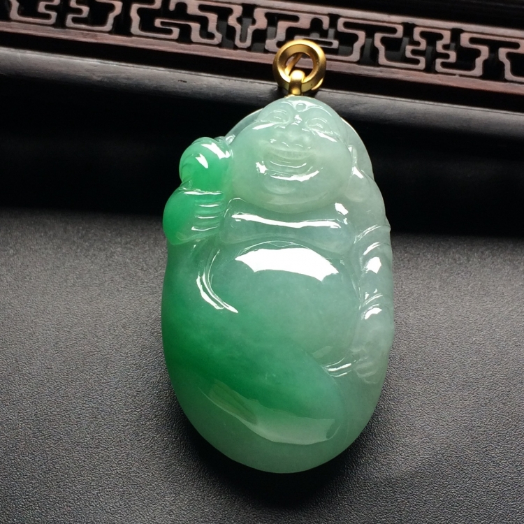 （超值推荐）糯冰种飘翠布袋佛挂件（金扣）