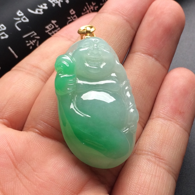 （超值推荐）糯冰种飘翠布袋佛挂件（金扣）