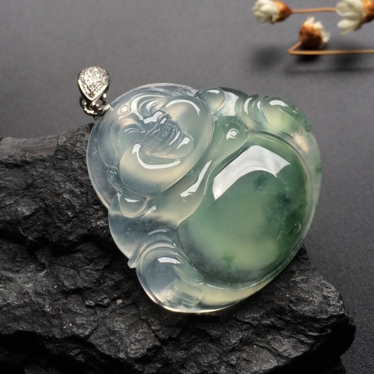 （超值推荐）冰种飘花玉佛挂件（金扣）