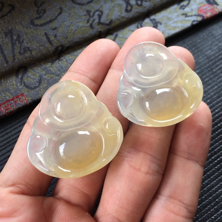 (超值推荐)冰种黄翡玉佛挂件一对走