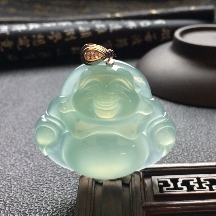 （超值推荐）冰种淡晴水玉佛挂件（金扣）