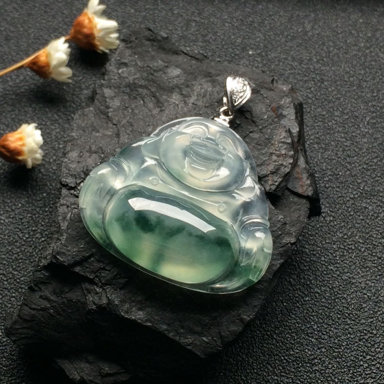（超值推荐）冰种飘花玉佛挂件（金扣）