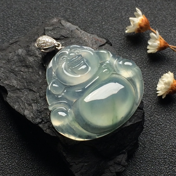（*超值推荐）冰种略飘花玉佛挂件（金扣）