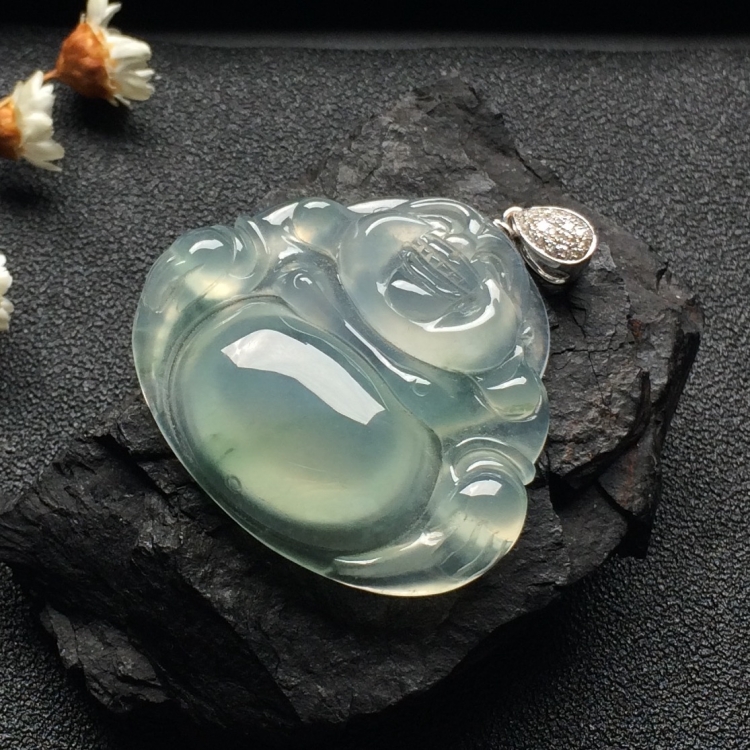 （*超值推荐）冰种略飘花玉佛挂件（金扣）