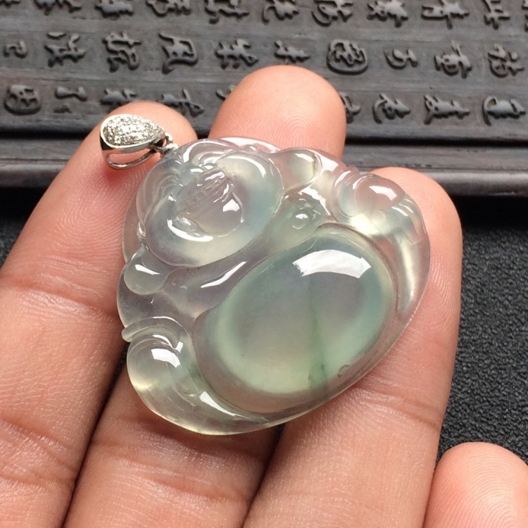（*超值推荐）冰种略飘花玉佛挂件（金扣）