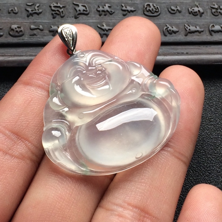 （超值推荐）冰玻种略飘花玉佛挂件（金扣）