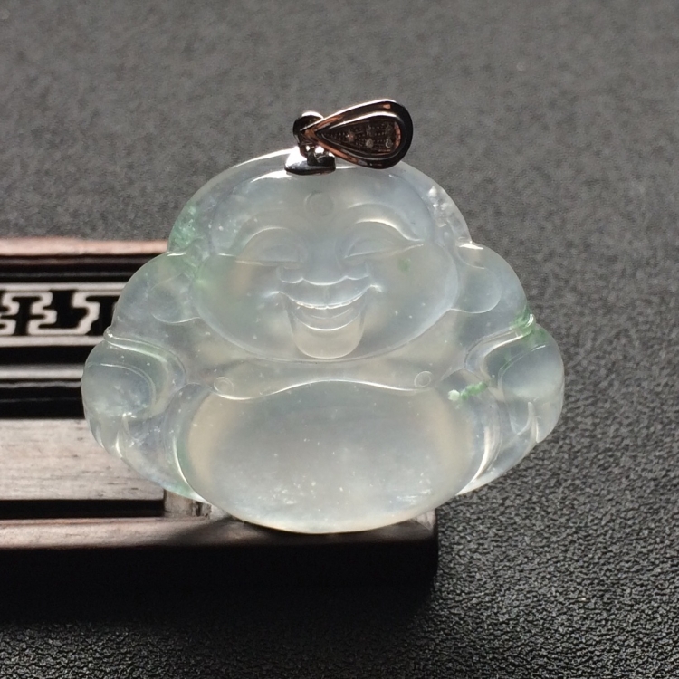 （超值推荐）冰玻种略飘花玉佛挂件（金扣）