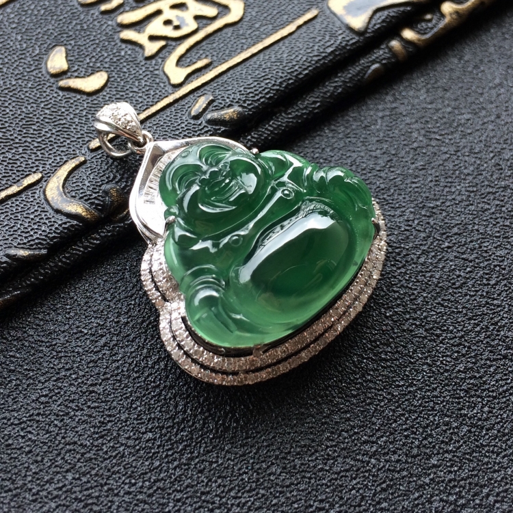 (超值推荐)冰种油青镶白金钻石玉佛胸坠