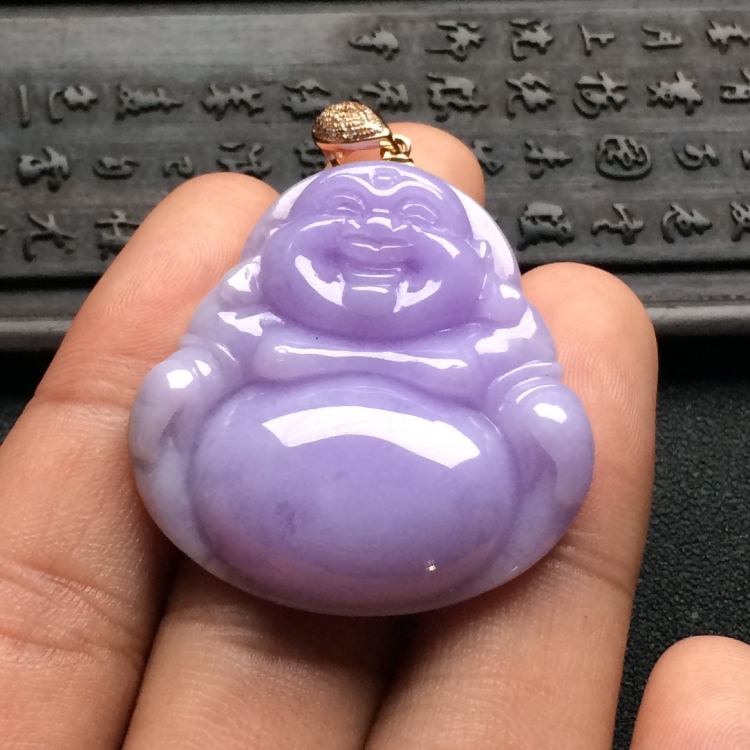 （超值推荐）糯冰种紫罗兰玉佛挂件（金扣）